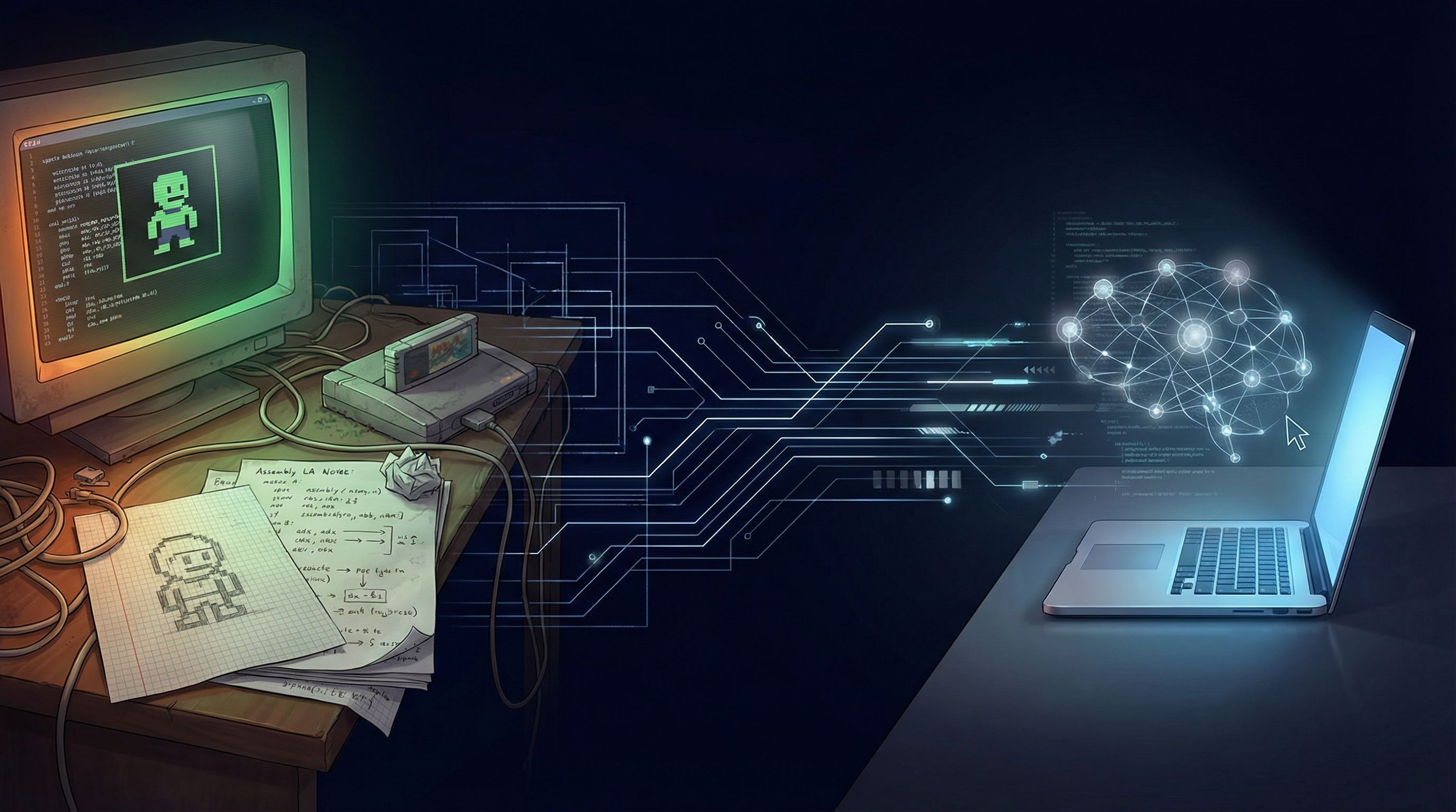 A wide illustration of a 1990s desk with a game cartridge and handwritten assembly notes fading into a modern laptop with an abstract code-assistant hologram.