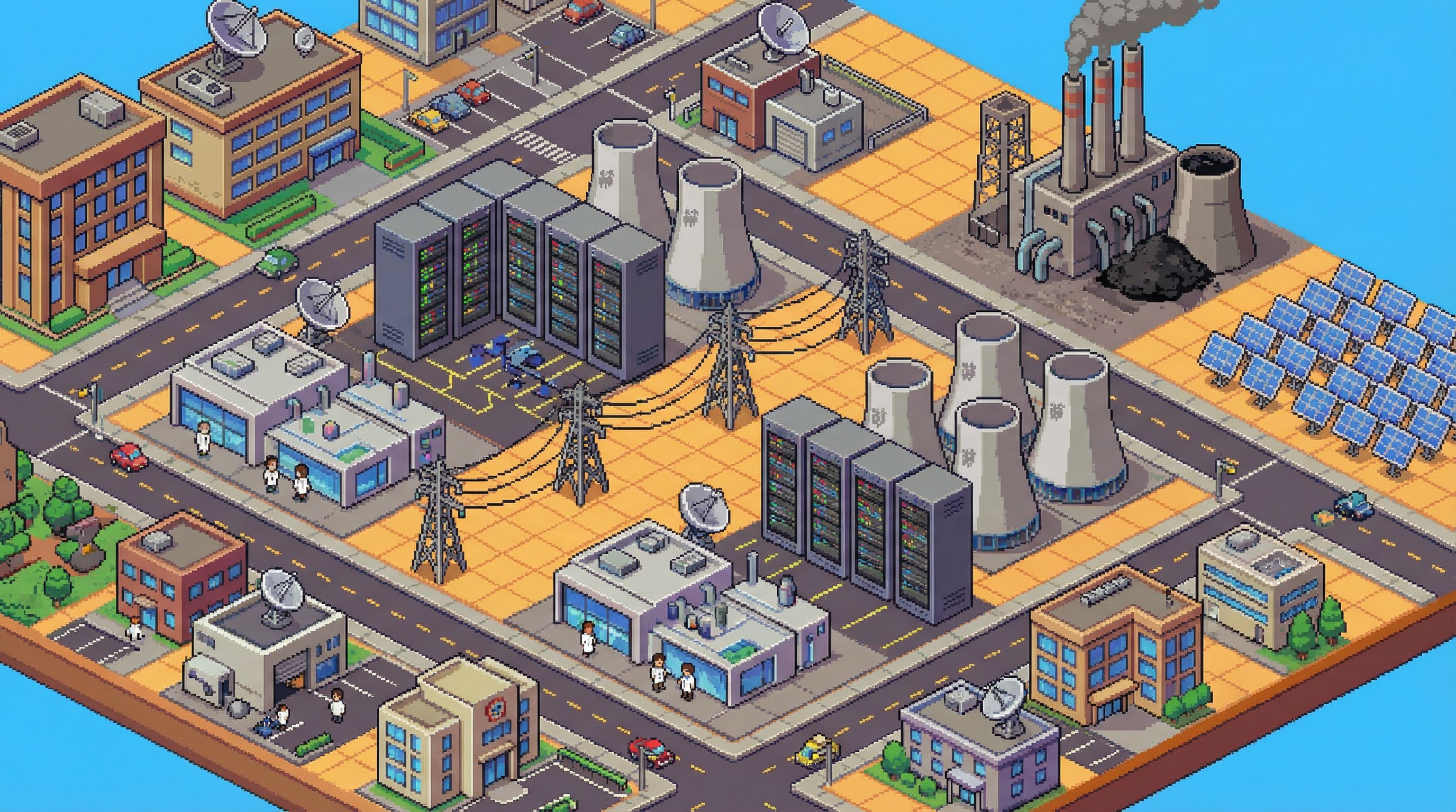 16-bit SimCity-style isometric map with datacenters, power grid lines, power plants, research labs, and tiny scientists building AI models.