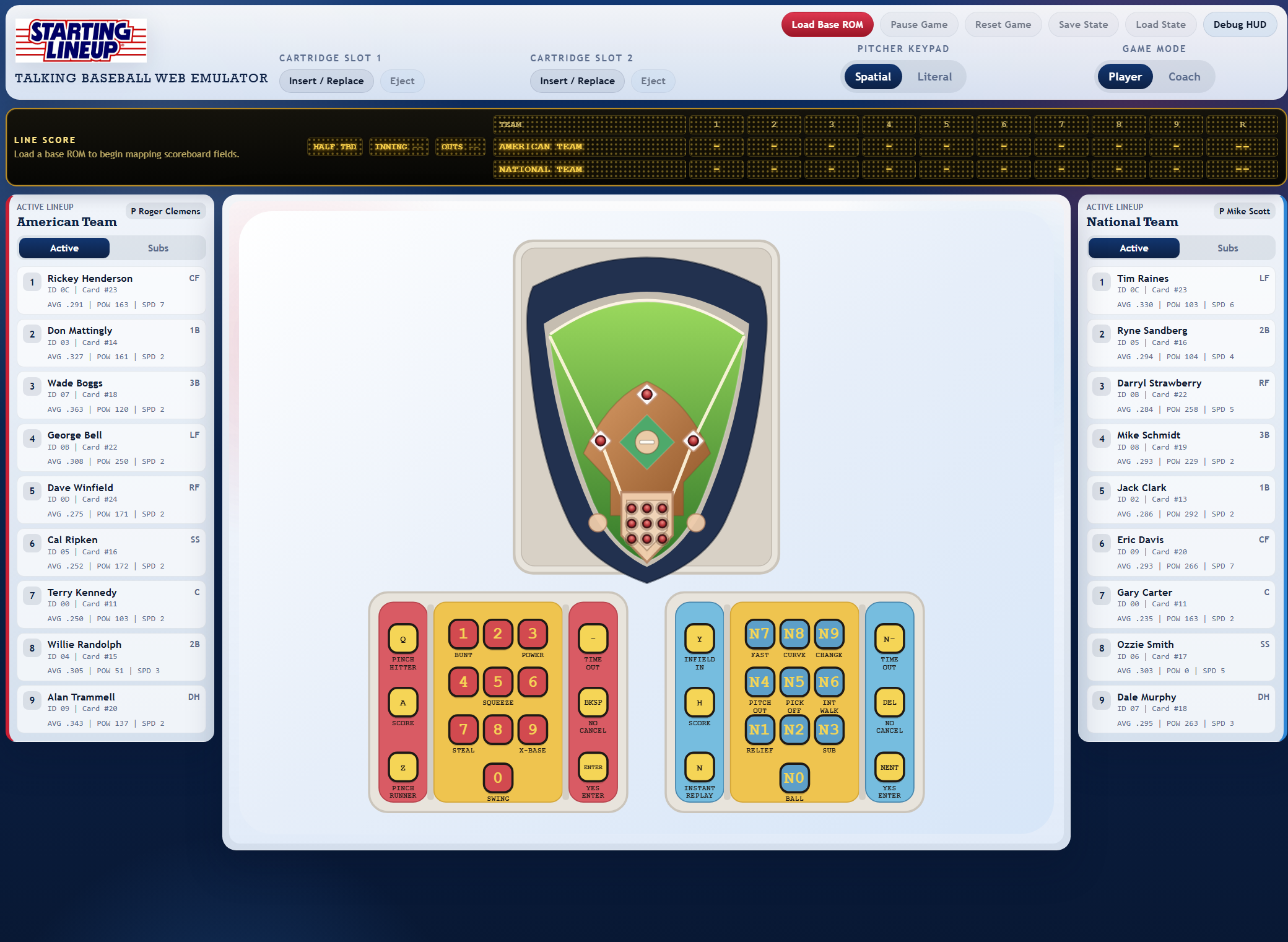Screenshot of the Starting Lineup baseball web emulator with a live scoreboard and active lineup panels