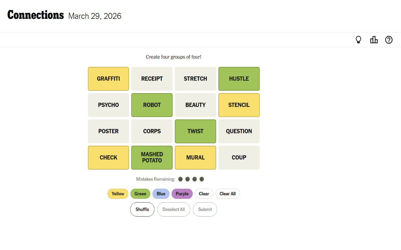Screenshot of NYT Connections Helper showing configurable category colors on the NYT Connections puzzle board