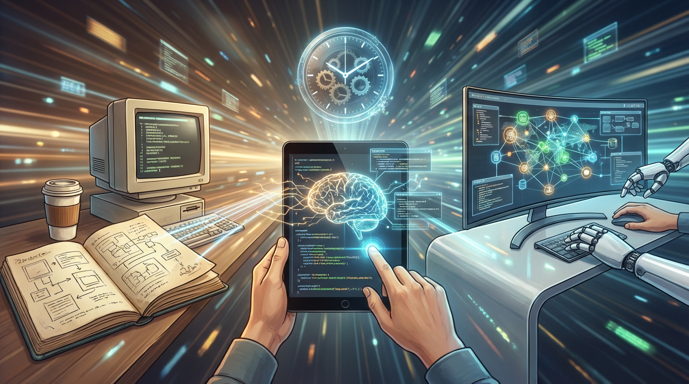 An illustration showing a first-person perspective of a futuristic workspace blending retro and advanced technology. In the center, a person holds a glowing tablet displaying a digital brain. To the left sits a vintage 1980s-style computer next to an open notebook and a coffee cup. To the right, a modern curved monitor displays complex network data, operated by a person alongside a robotic arm. A glowing clock face floats in the background amidst streaks of light that suggest high-speed motion or time travel.