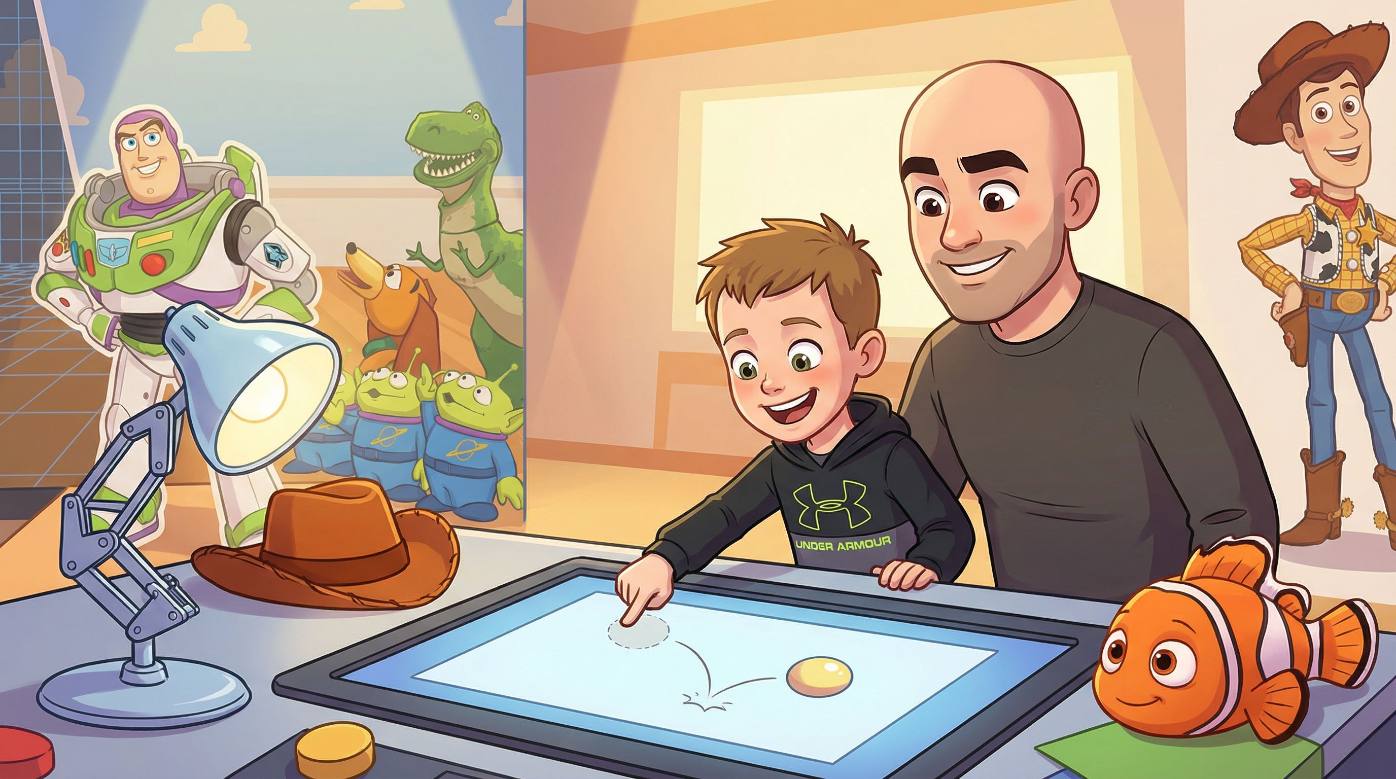 A cartoon illustration of a father and son smiling as they interact with a digital tablet showing a bouncing ball. They are surrounded by Pixar characters and icons.