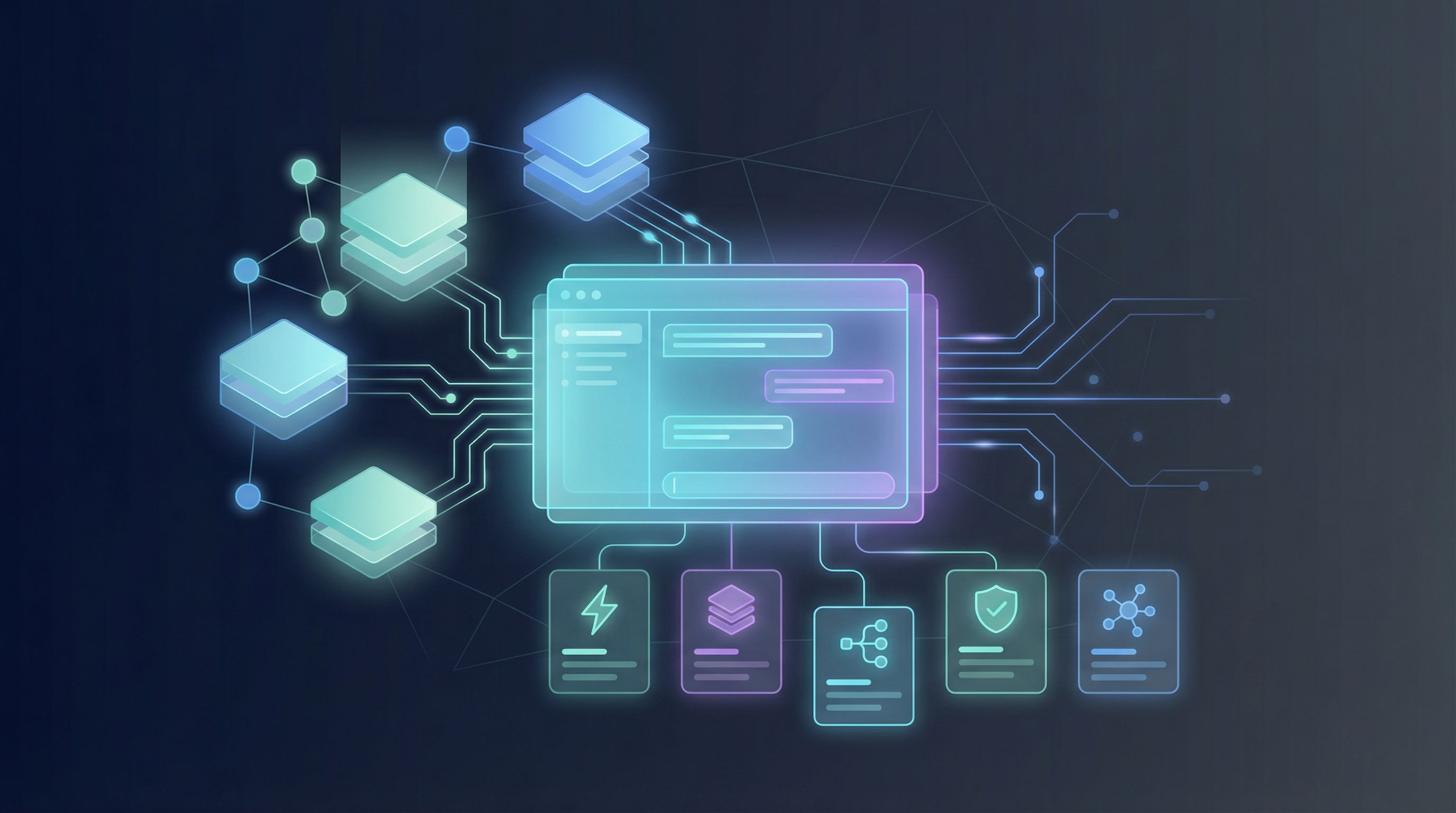 Abstract header illustration of layered context blocks feeding into a chat interface, with subtle network lines and small UI cards, on a dark gradient background.