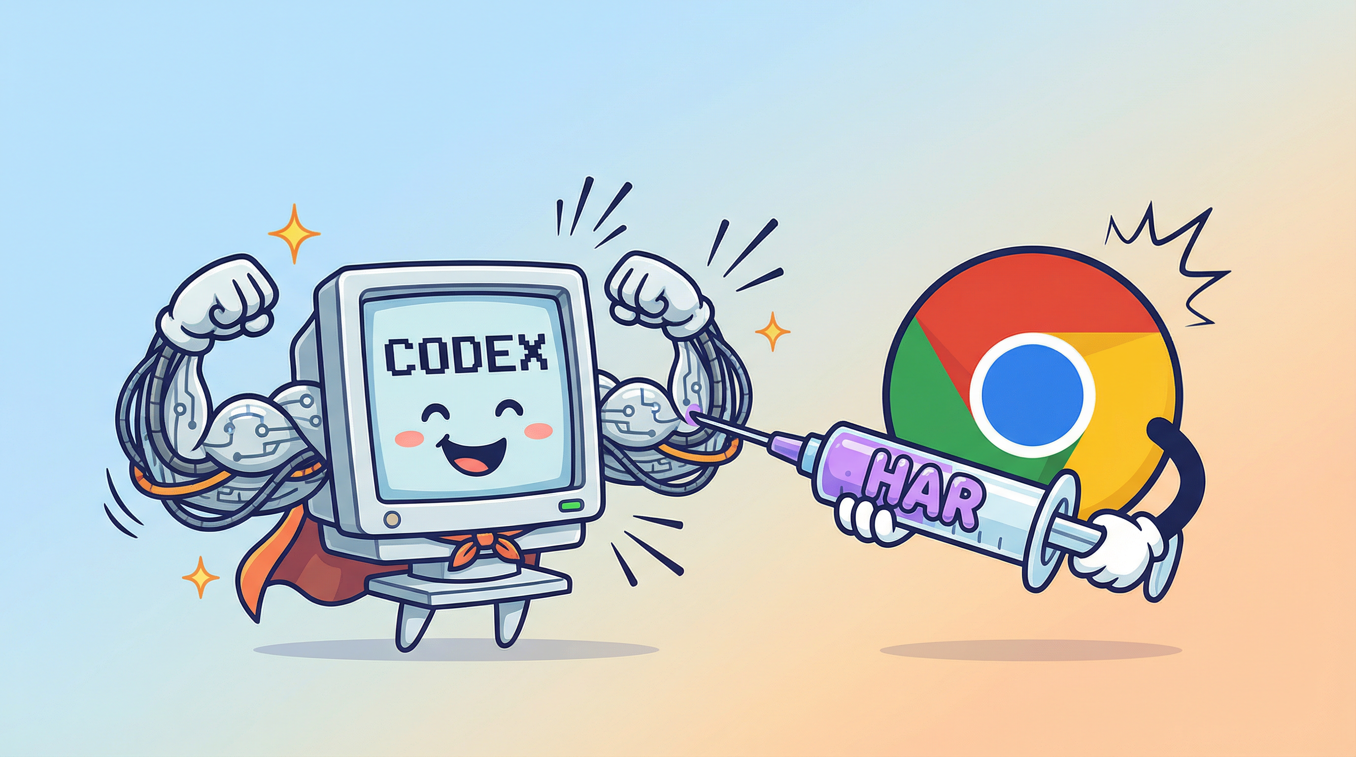 Codex logo flexing while a Chrome logo injects a HAR-labeled syringe.