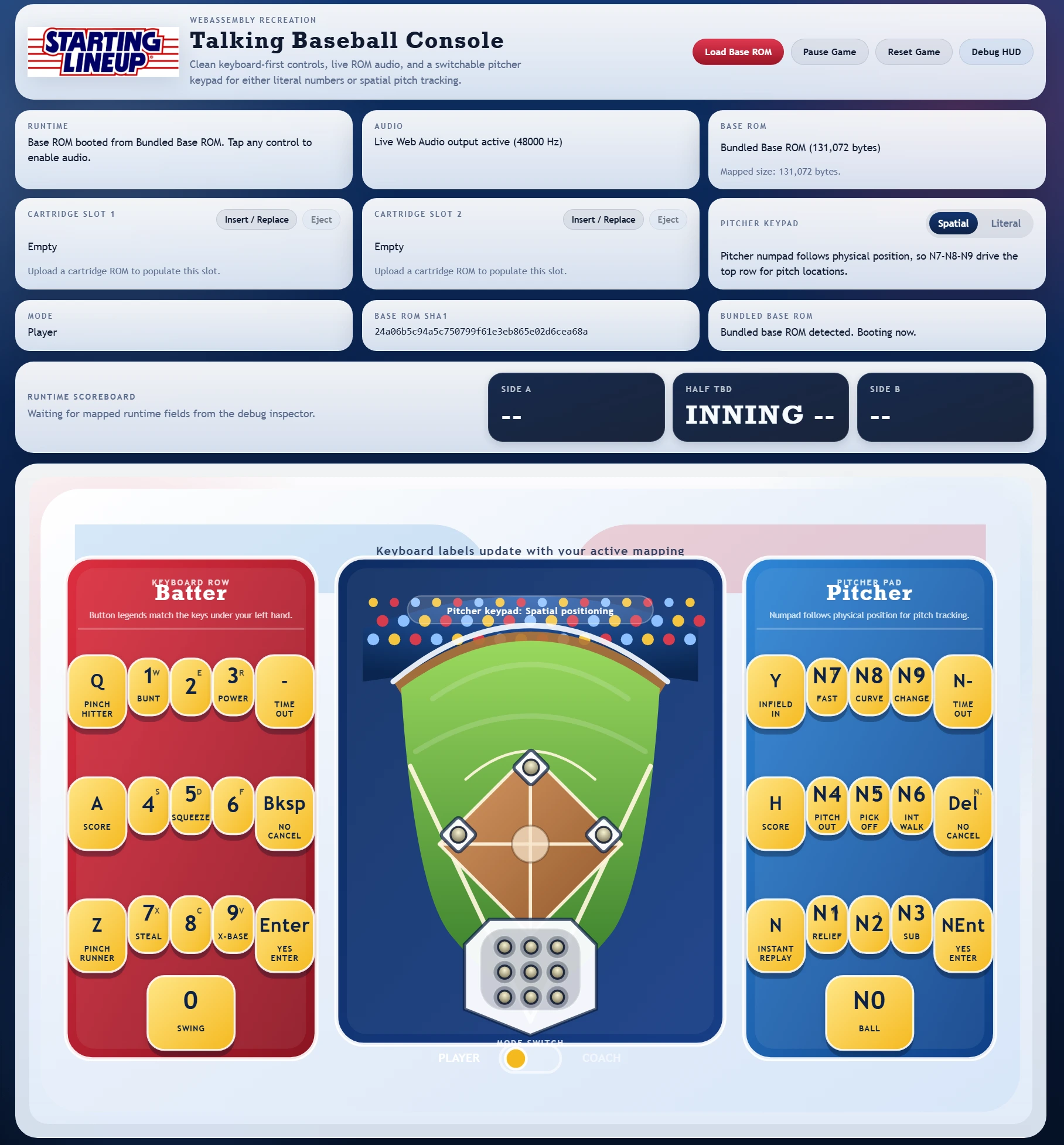 Browser mockup of Starting Lineup Talking Baseball running in a debug-heavy interface