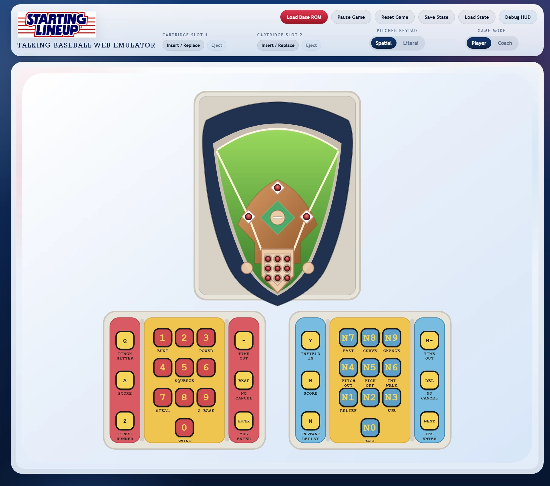 Updated Starting Lineup Talking Baseball emulator UI showing the improved browser layout
